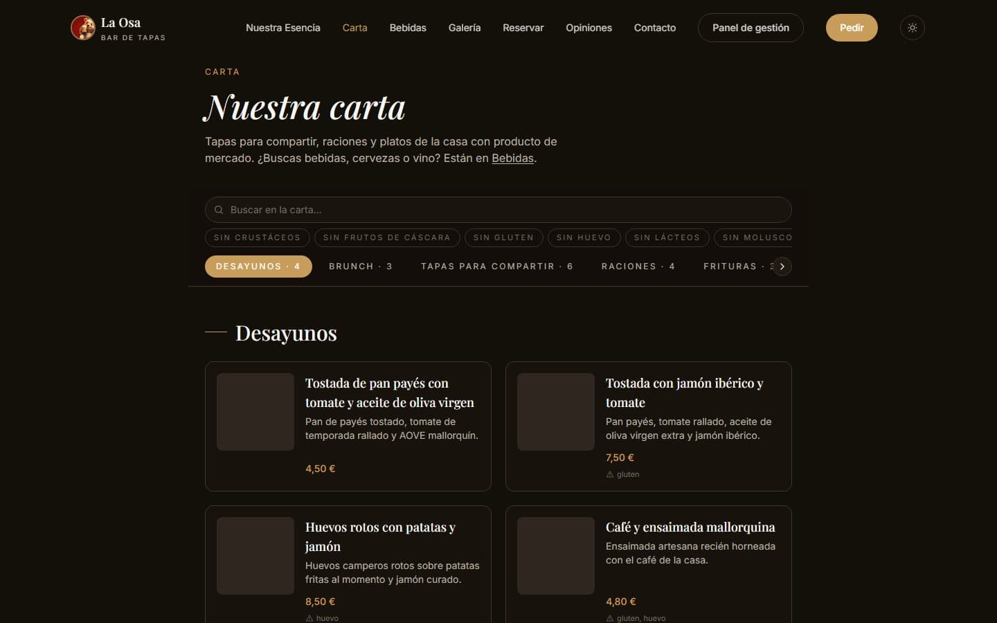 Carta por categorías — Bar de Tapas La Osa