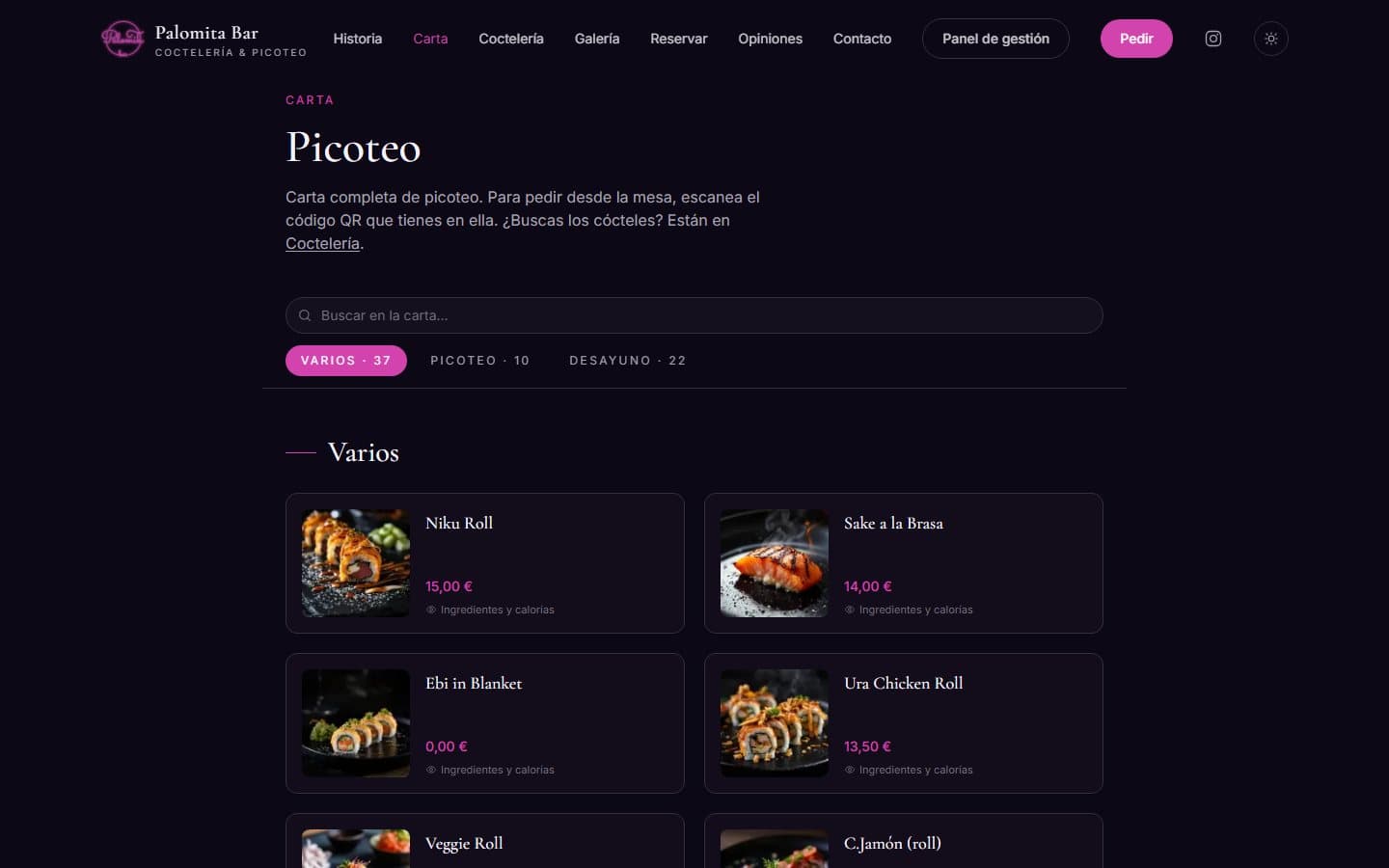 Carta con filtros por categoría — Palomita Bar