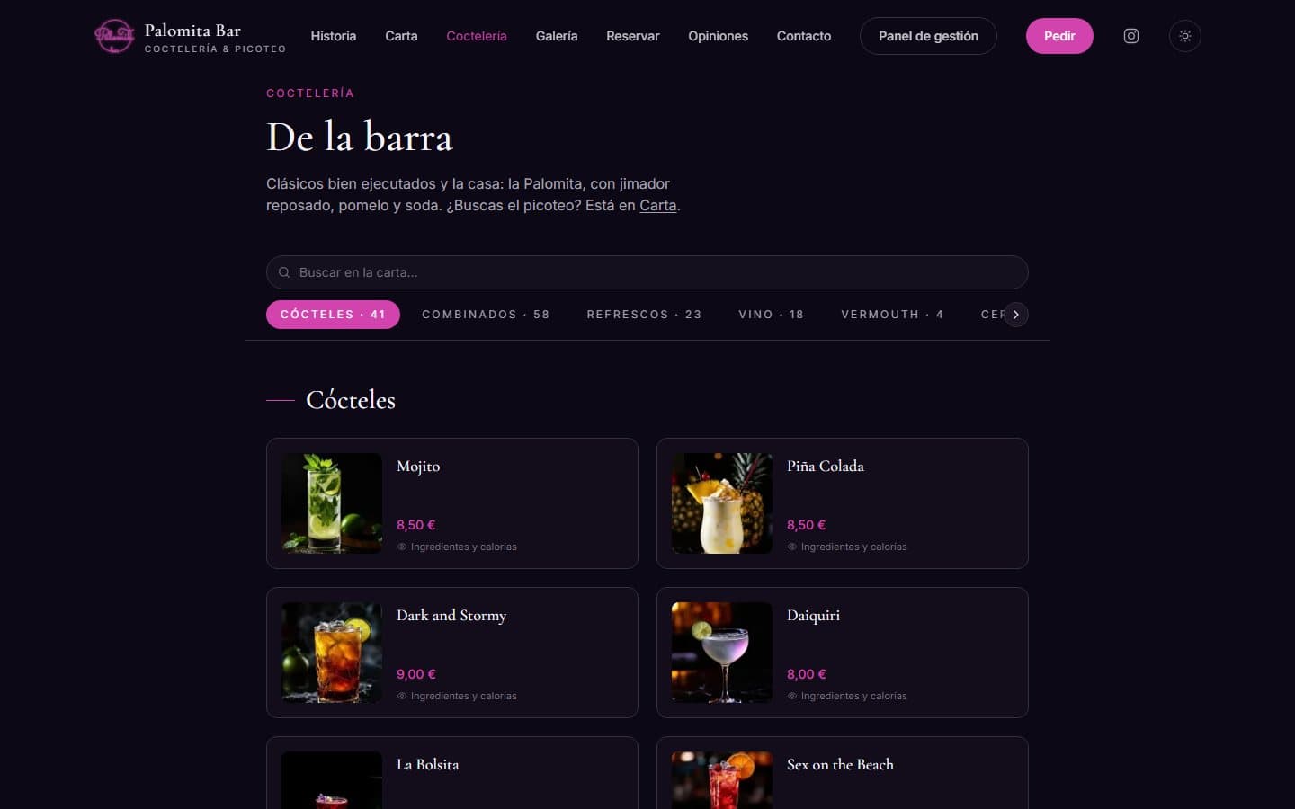 Carta de coctelería — Palomita Bar