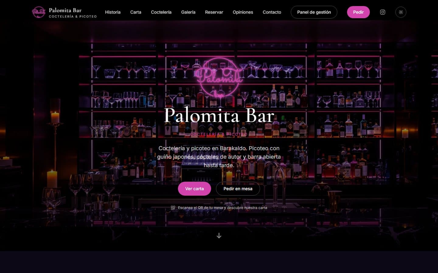Página de inicio de la web de Palomita Bar en escritorio