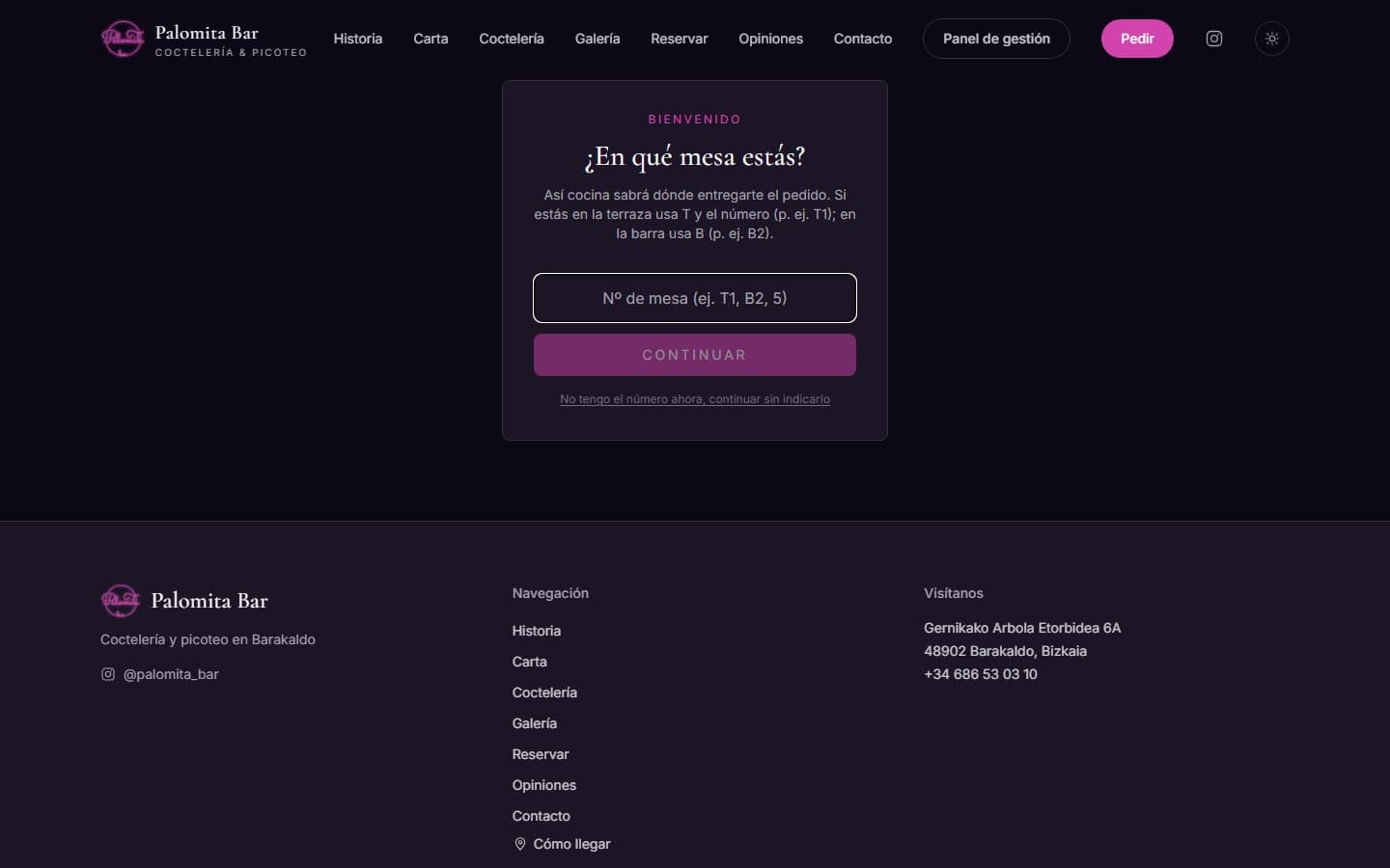 Inicio del pedido en mesa — Palomita Bar
