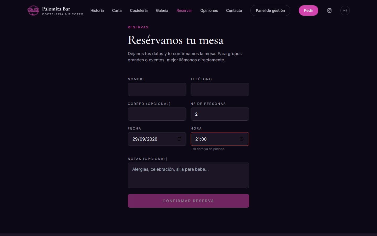 Reservas online — Palomita Bar