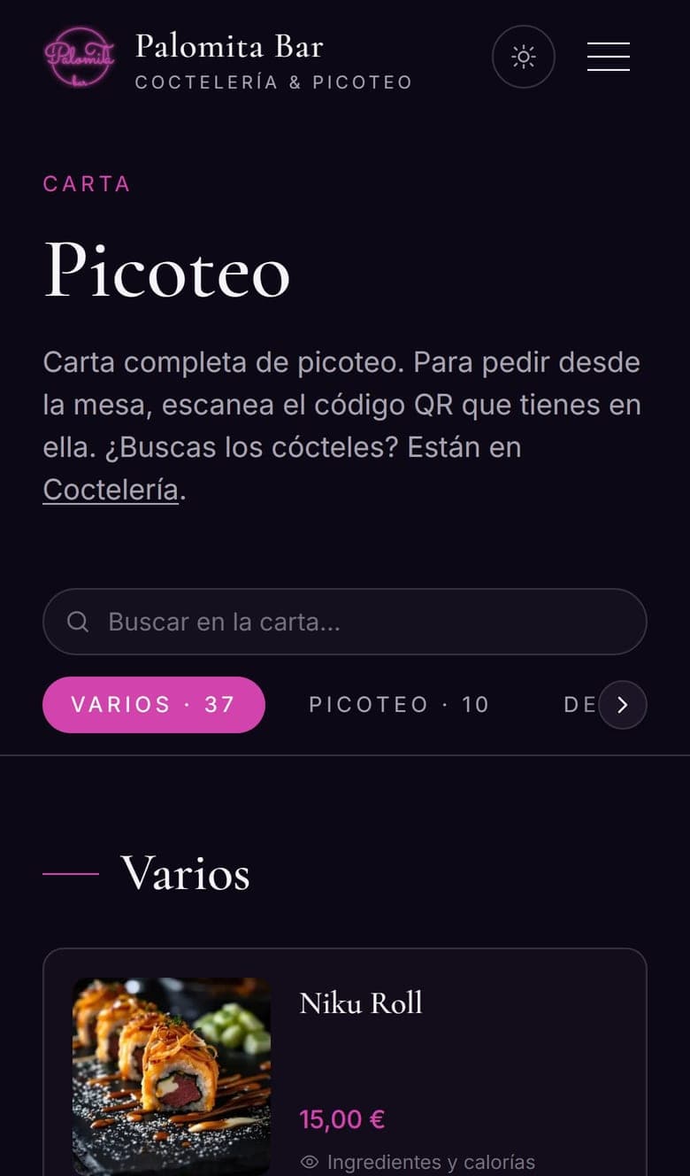 Carta de picoteo en móvil — Palomita Bar