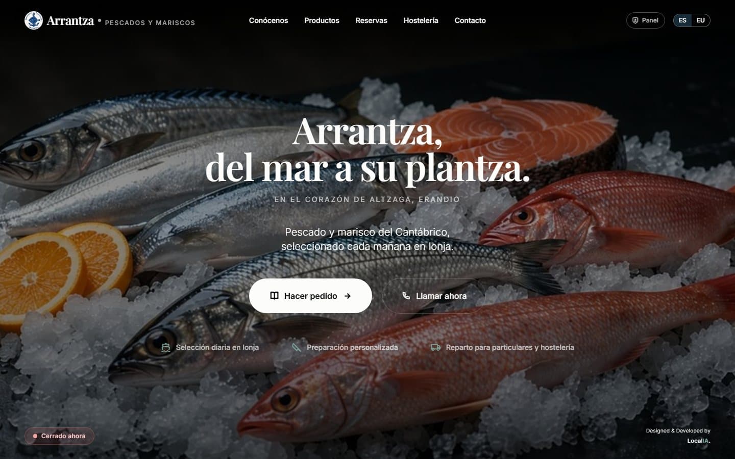Página de inicio de la web de Pescados y Mariscos Arrantza en escritorio