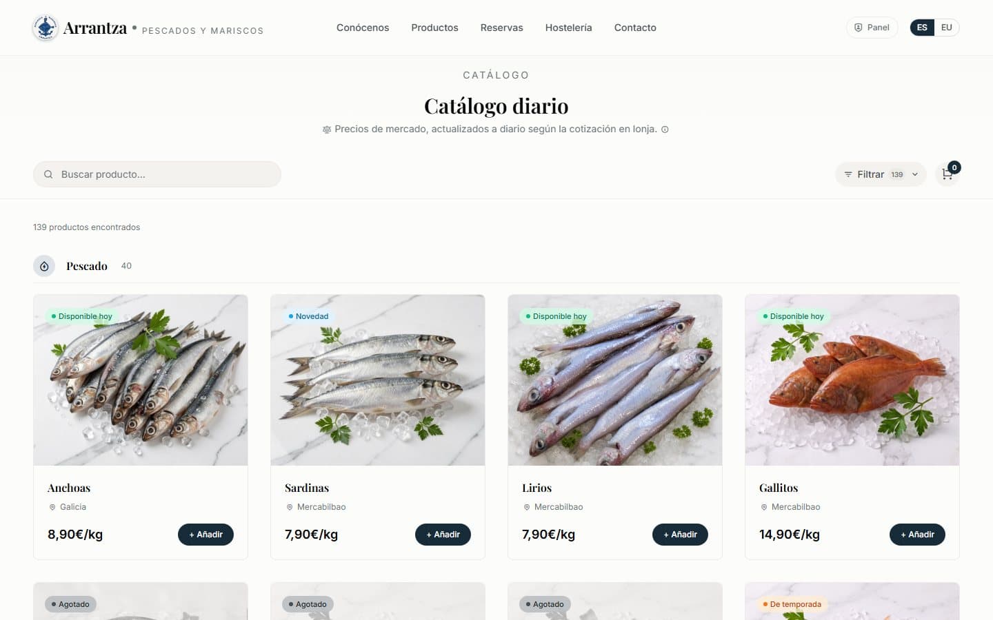 Catálogo diario con precios de mercado — Pescados y Mariscos Arrantza