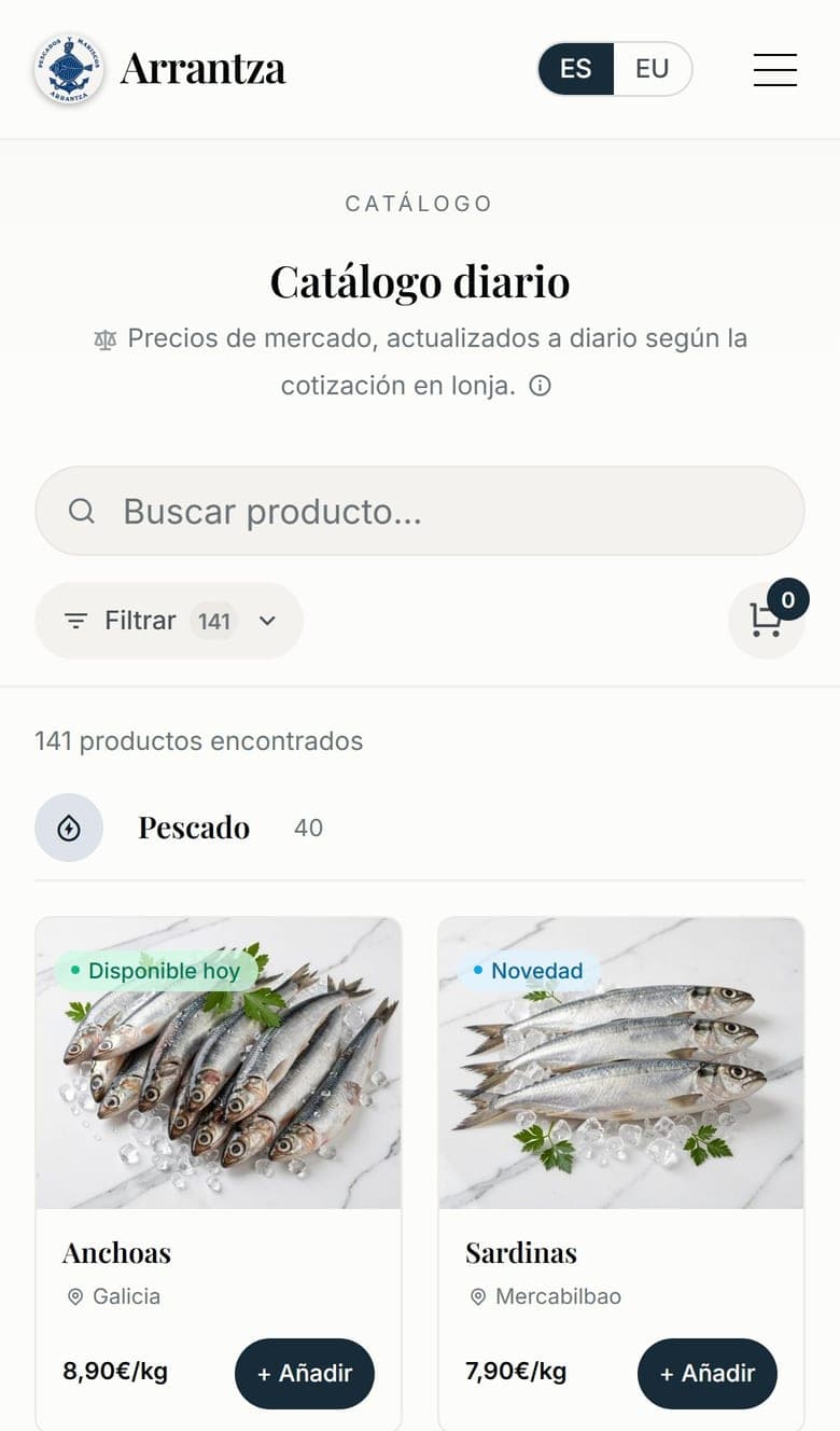 Catálogo en móvil — Pescados y Mariscos Arrantza