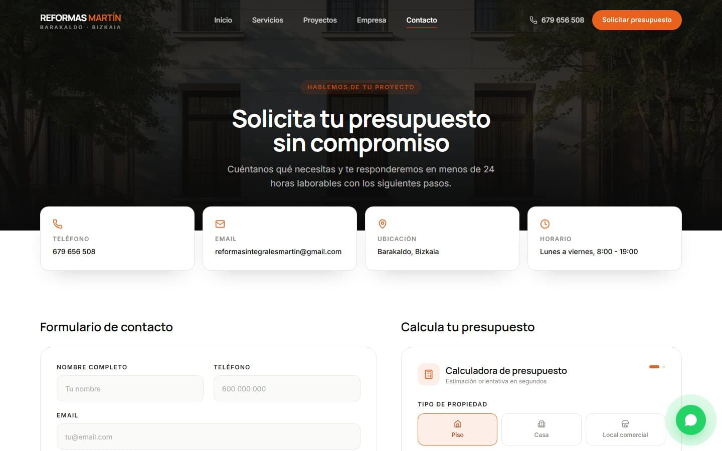 Contacto y calculadora de presupuesto — Reformas Integrales Martín