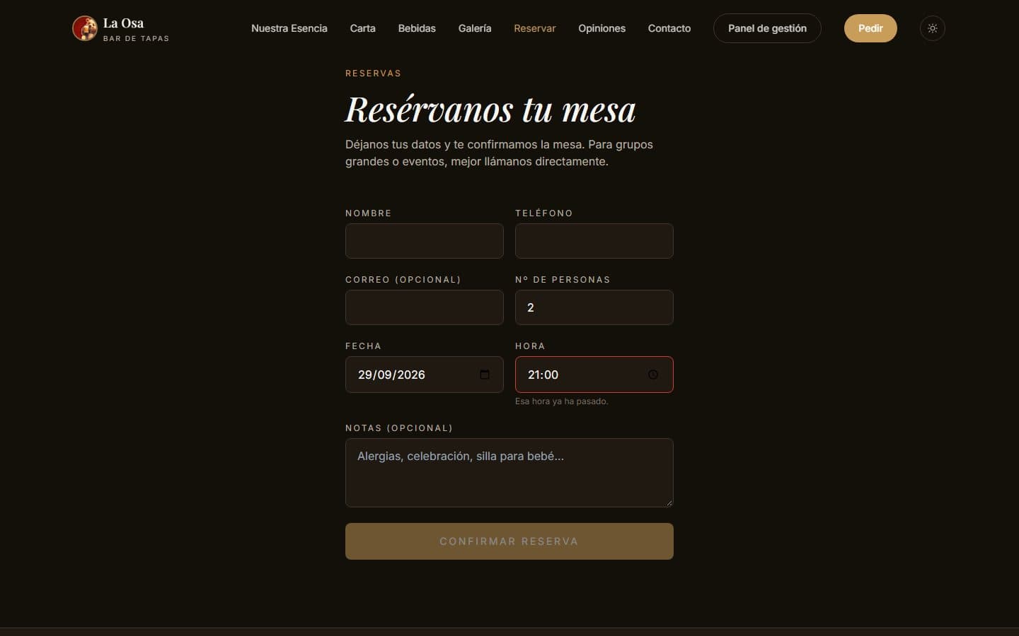 Reservas online — Bar de Tapas La Osa