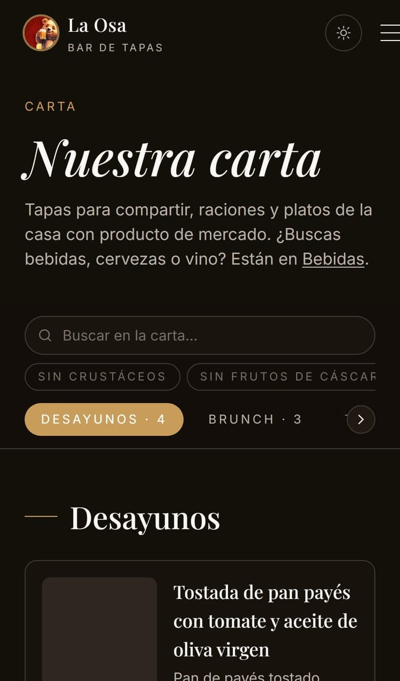Carta en móvil — Bar de Tapas La Osa